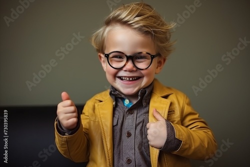 Portrait of a cute little boy with glasses showing thumbs up gesture