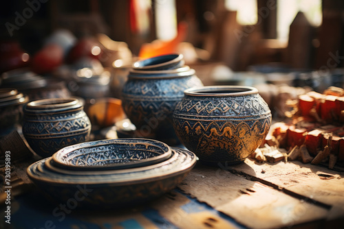 A traditional pottery workshop with various ceramic pieces, showcasing cultural heritage. Concept of artisan skills and cultural traditions. Generative Ai. photo