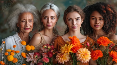 A group of women standing next to each other holding flowers