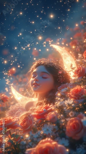 A woman laying in a bed of roses with a moon in the background