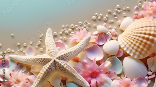 Sea shore background with pearls, fishstar and shells photo