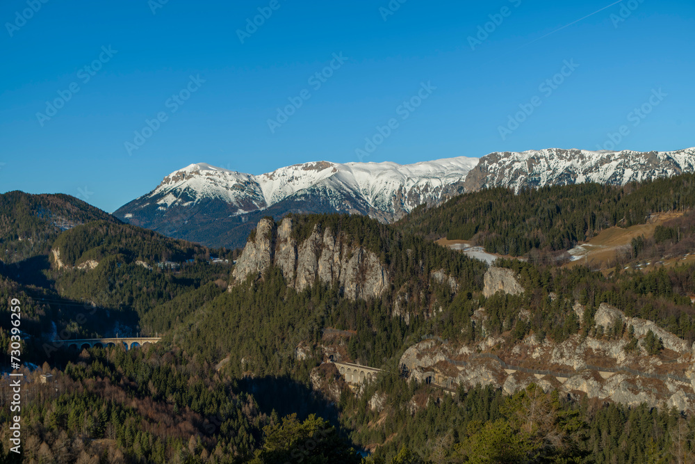 Fototapeta premium Mountains raiway near Semmering spa town in Austria winter Alps without snow