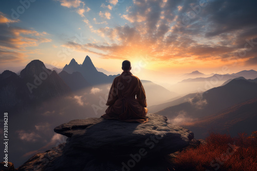 A person meditating at sunrise on a mountain top  symbolizing peace and self-discovery. Generative Ai.