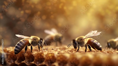 Close up view of the working bees on honey comb cells. Beekeeping concept