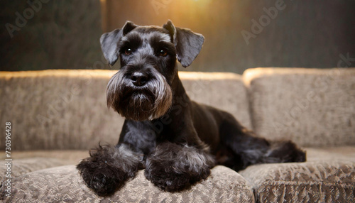 Black mini Schnauzer dog portrait on couch indoor. Miniature Schnauzer