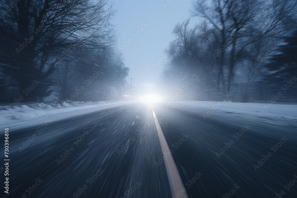 Obraz premium Winter Hazard: Motion Blurred Road in Whiteout Conditions at Dusk