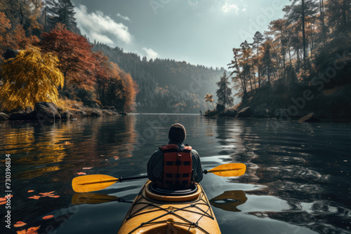 A person kayaking in a serene lake, showcasing adventure and connection with nature. Generative Ai. © Sebastian