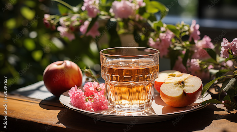 Glass with fresh fruit juice on the table and plate with ripe fruits, blossoming apple tree branch on background Glass with fresh fruit juice on the table and plate with ripe fruits, blossoming apple tree branch on background