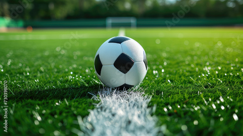 A classic black and white soccer ball resting on the lush green grass of a soccer field, with the goalpost in the background.