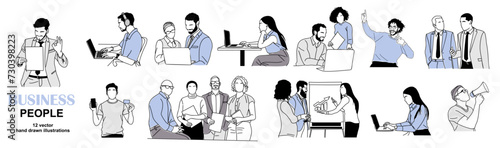 Set of illustrations of business men and women working, meeting, talking, taking part in business activities. Vector simple outline drawing for graphic and web design, transparent background.