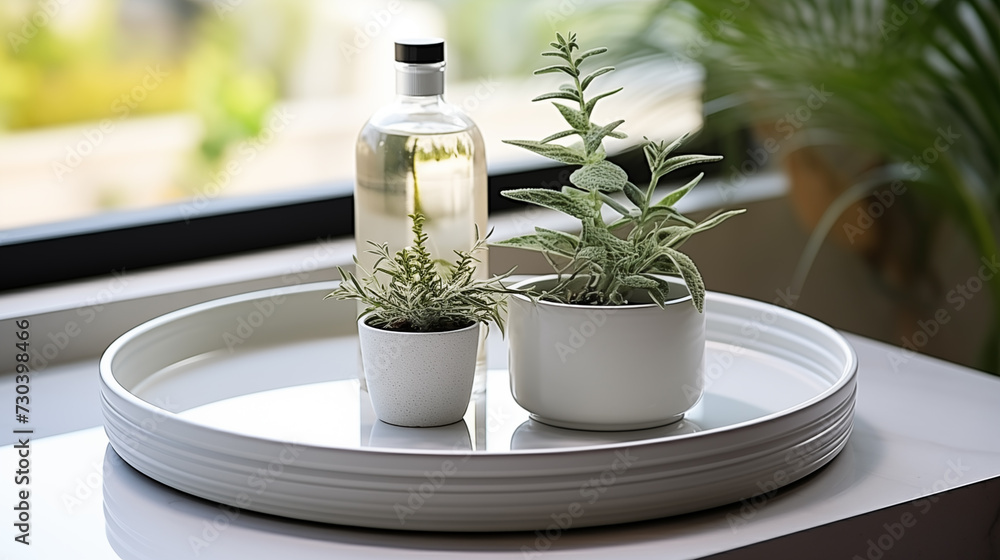 White tray with plants and different accessories around, soft focus background White tray with plants and different accessories around, soft focus background