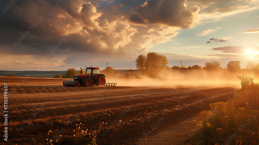 Fototapeta premium Agricultural worker with a tractor in the field.