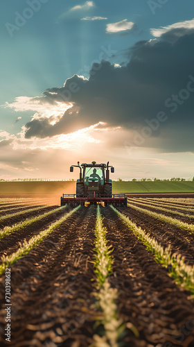 Agricultural worker with a tractor in the field.