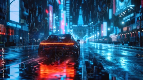 Autonomous car navigating through a rainy night with enhanced visibility and safety technology, reflecting reliability and performance