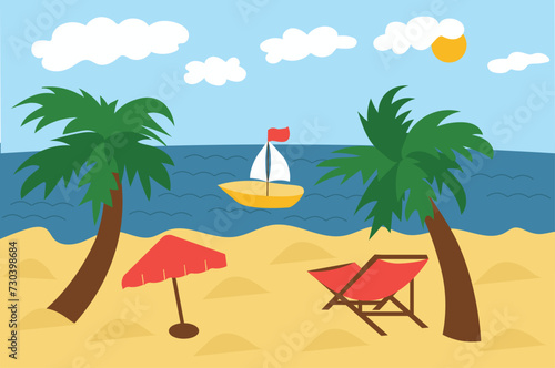 Fototapeta Naklejka Na Ścianę i Meble -  Seascape illustration. Sun sea palm beach umbrella and sunbed