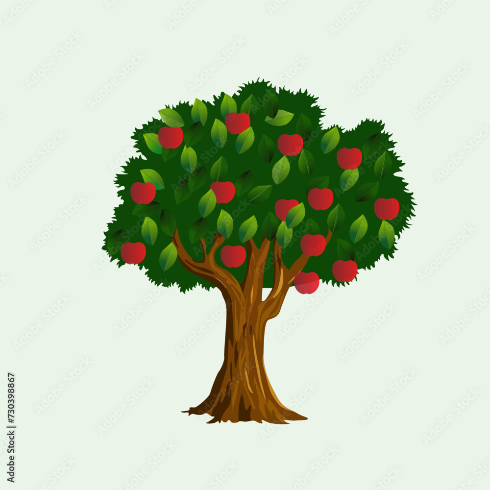 Apple tree vector illustration. Red apples on a tree amidst green foliage. Cartoon art. Garden tree