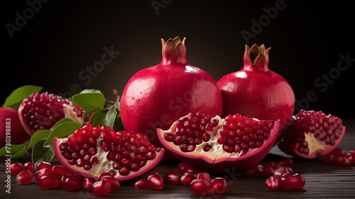 Fresh red ripe pomegranate with green leaves on a dark background