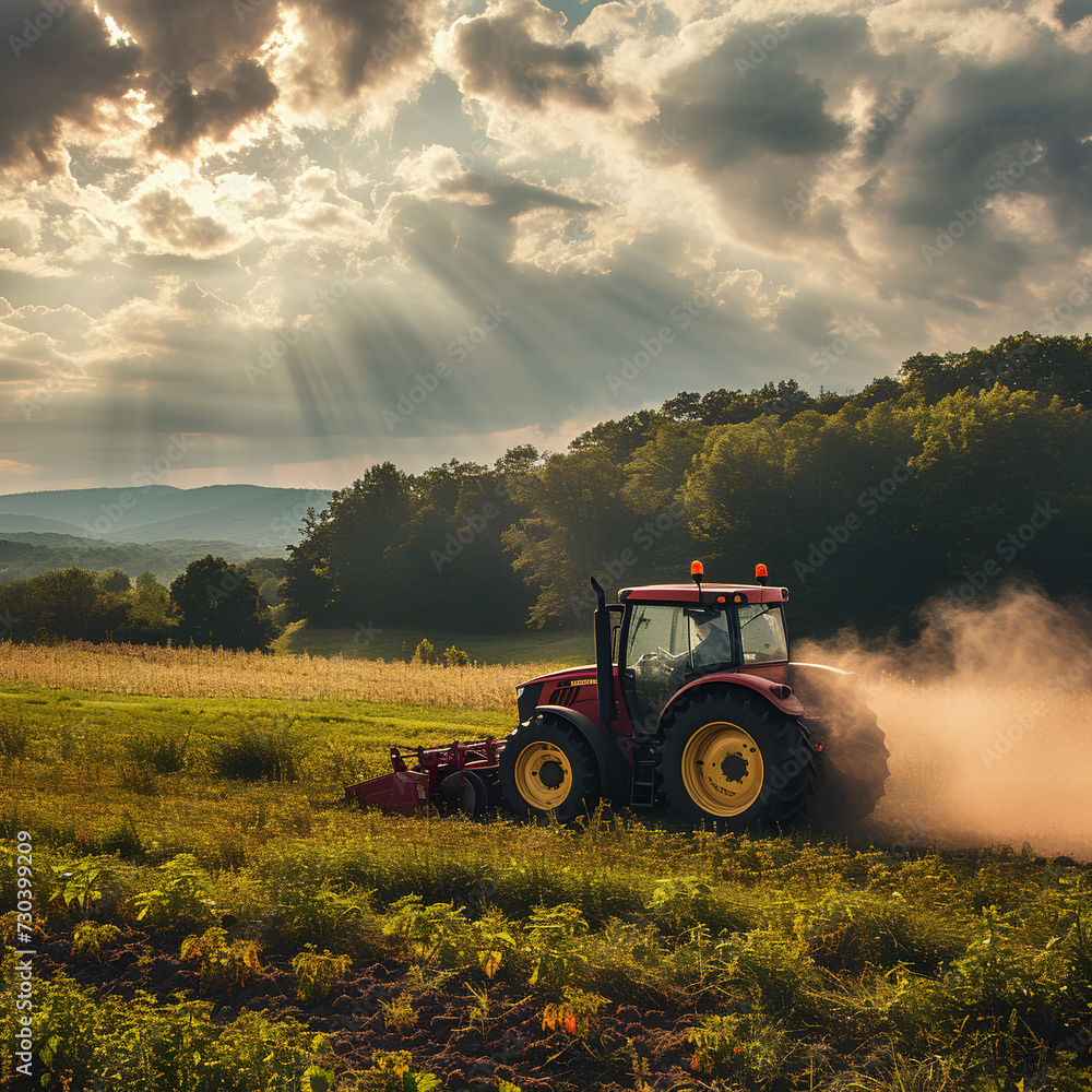 Fototapeta premium Agricultural worker with a tractor in the field.