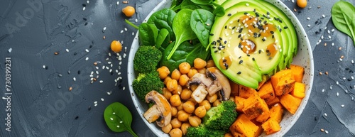healthy vegan lunch bowl with avocado mushrooms broccoli spinach chickpeas pumpkin on a light 