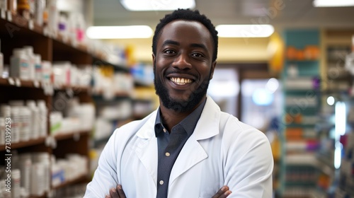 Smiling male pharmacist with dark skin, retail store, High photographic quality. portrait photography © ME_Photography