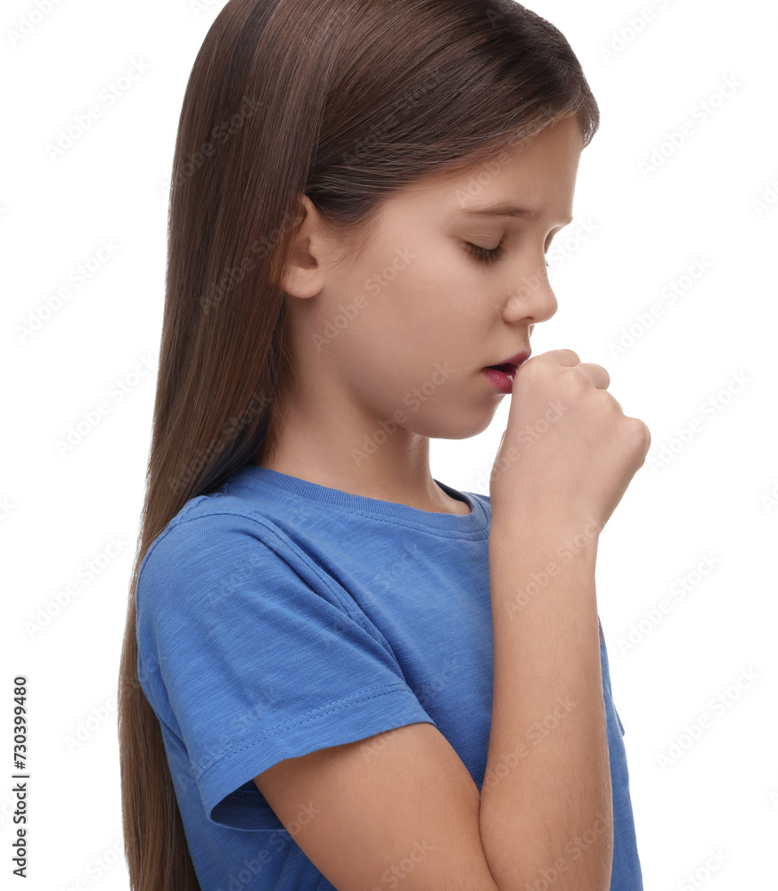 Sick girl coughing on white background. Cold symptoms Sick girl coughing on white background. Cold symptoms