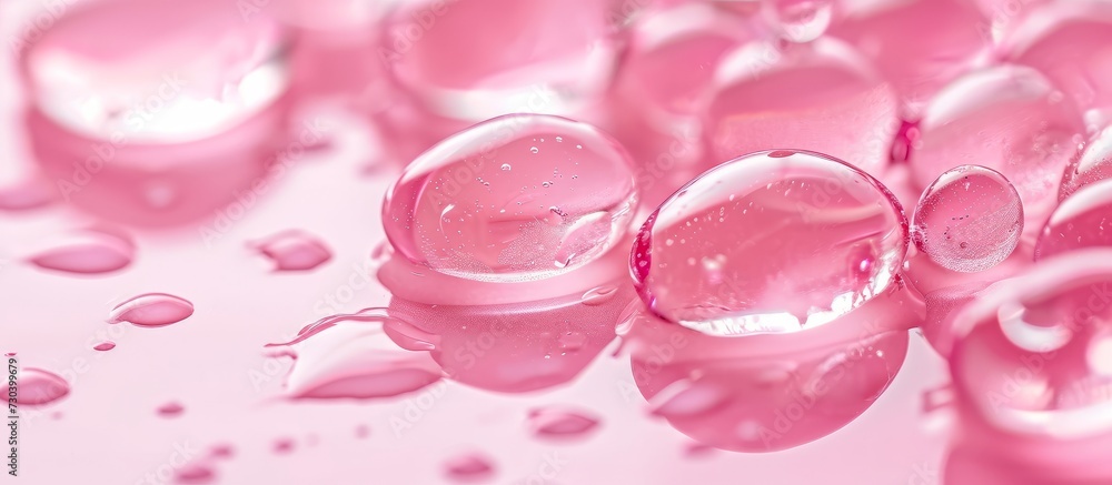 Closeup of pink gel drops, a cosmetic product for face and body moisturization.