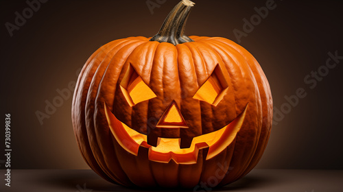 Scary orange pumpkin for Halloween holiday with a lantern inside, concept of a holiday