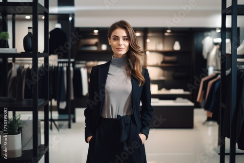 A stylish woman in a black suit and gray turtleneck stands confidently in a modern clothing store, hands in pockets, smiling at the camera