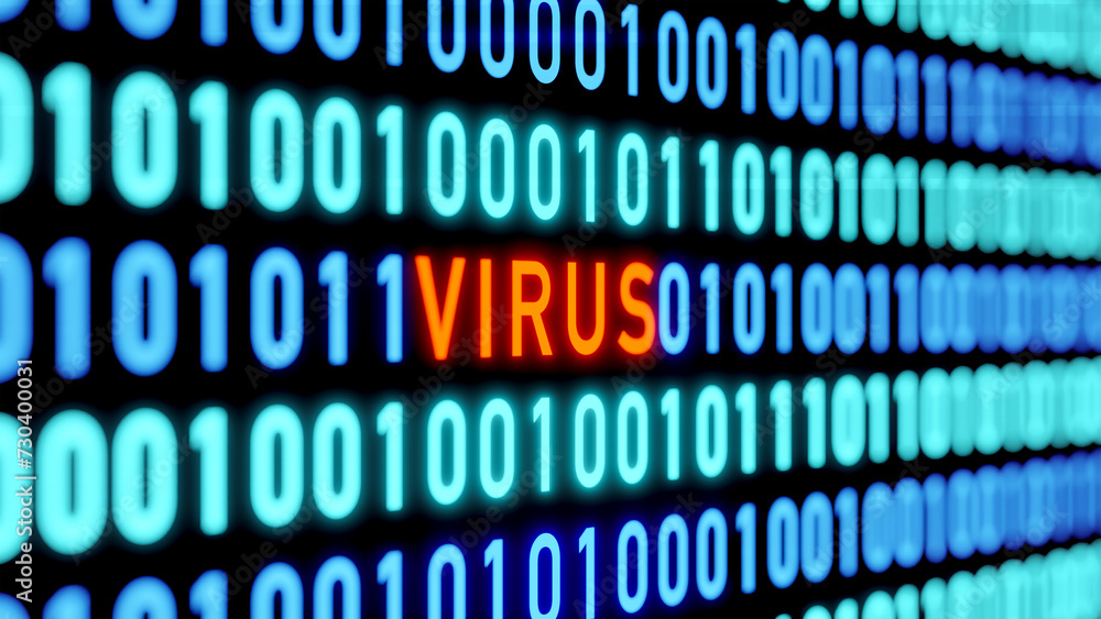 Virus message. Computer virus attack, binary code, zero and one ...