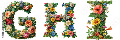 Floral Letters G H I Set Isolated on Transparent or White Background, PNG