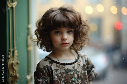 Portrait of a beautiful little girl with curly hair in the city