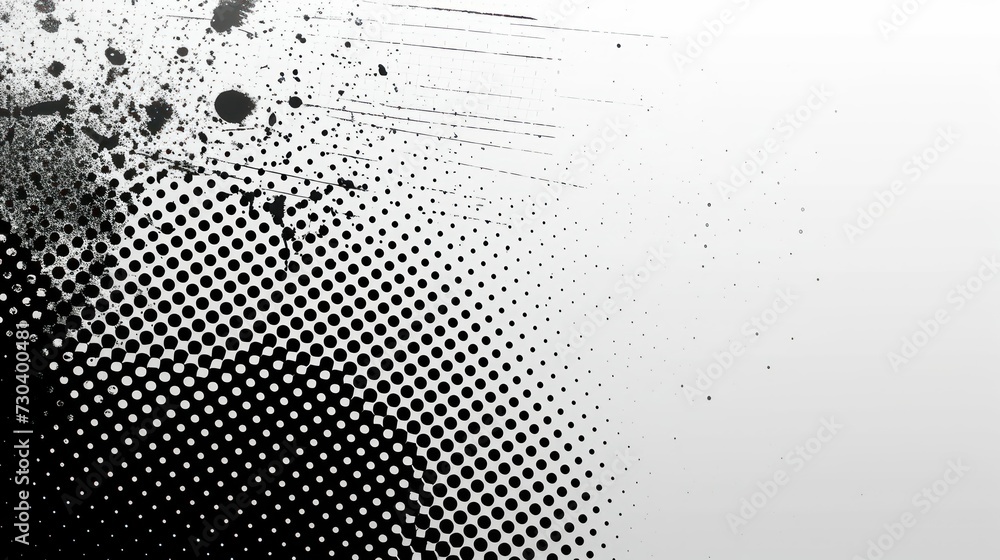 Naklejka premium Abstract black and white halftone dot gradient background with paint splatter effect.