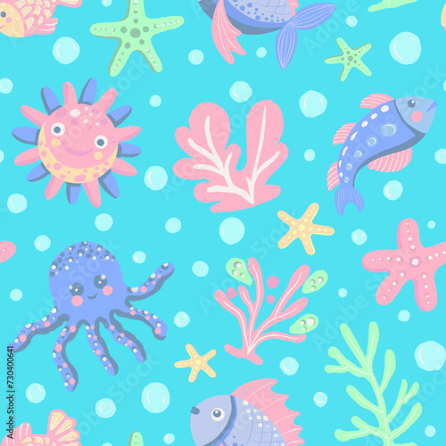 seamless pattern with sea animals and corals © Navelskiene art