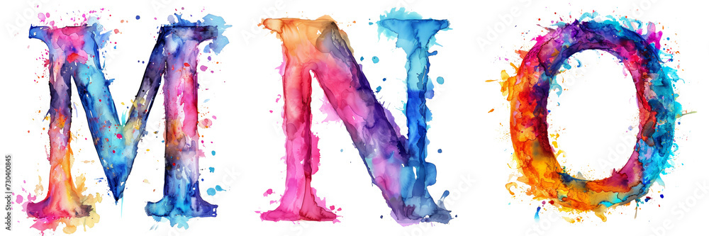 Watercolor Letters M, N, O Set Isolated on Transparent or White Background, PNG Watercolor Letters M, N, O Set Isolated on Transparent or White Background, PNG