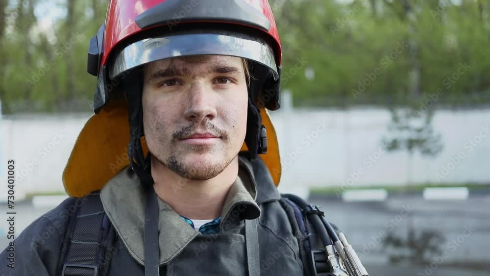 Firefighter in red fire helmet smiles with soot on face. Slow motion Firefighter in red fire helmet smiles with soot on face. Slow motion