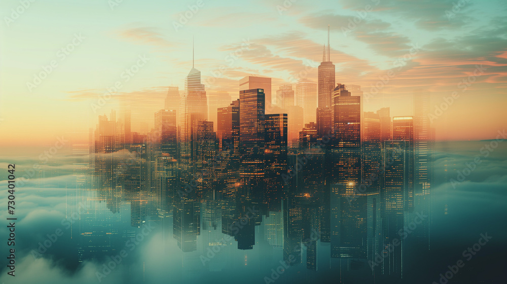 Surreal cityscape above clouds at sunset, with skyscrapers and light reflections.