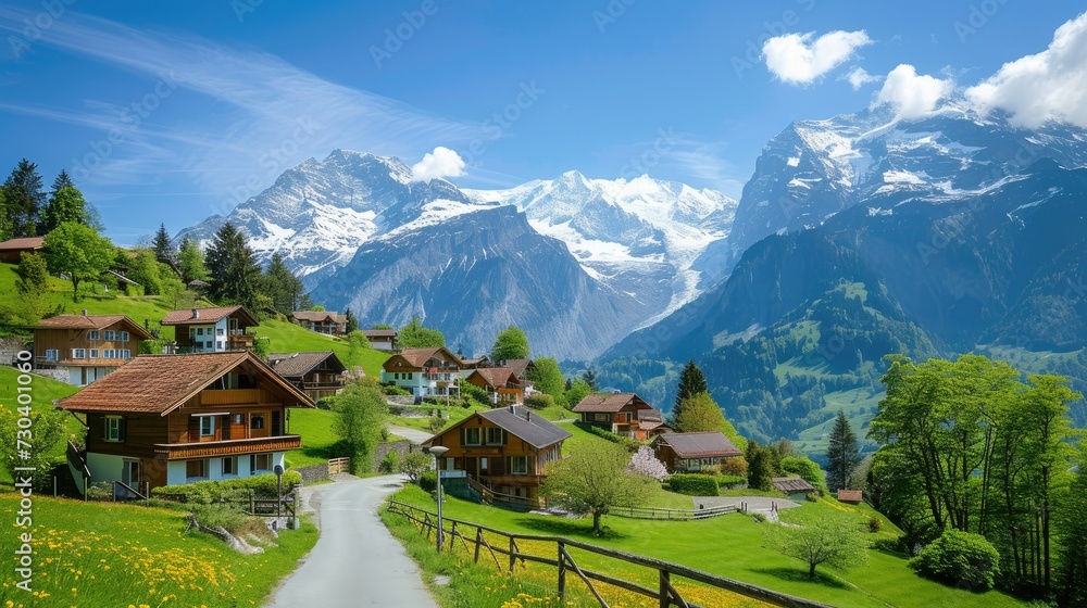 Idyllic Swiss village with wooden chalets, green fields, and snow-capped mountains under a clear blue sky. - obrazy, fototapety, plakaty 