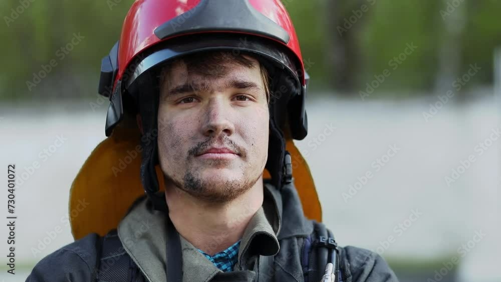 Fireman in red fire helmet looks around and smiles with soot on face. Slow motion Fireman in red fire helmet looks around and smiles with soot on face. Slow motion
