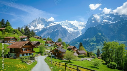 Idyllic Swiss village with wooden chalets, green fields, and snow-capped mountains under a clear blue sky.