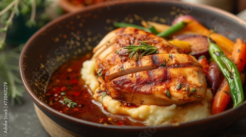 Food photography of slow-Cooked Chicken Achiote With Mashed Potatoes & Vegetables