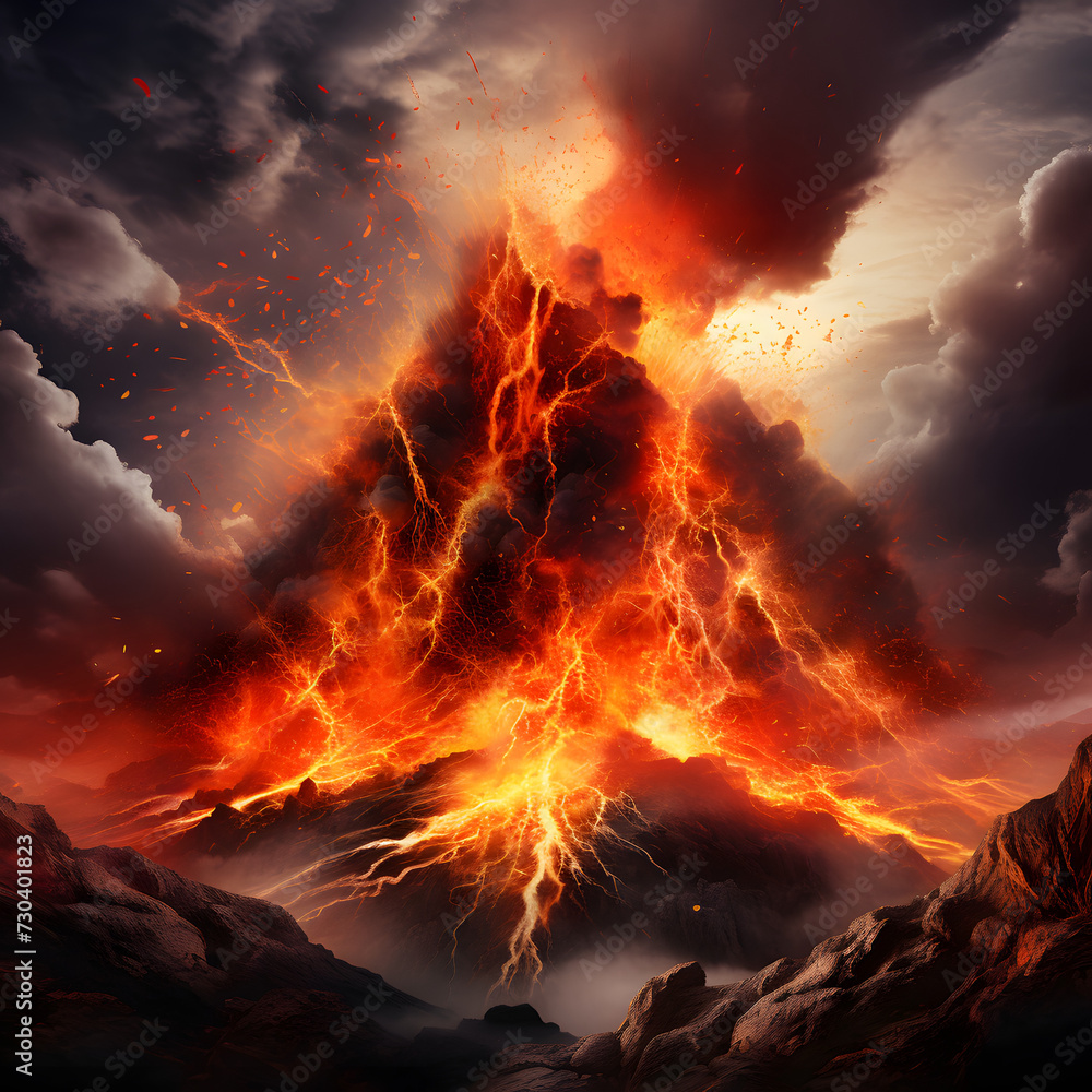 Create a volcanic-themed backdrop with a fiery explosion and liquid stone elements. This dramatic composition adds depth and Generative AI,