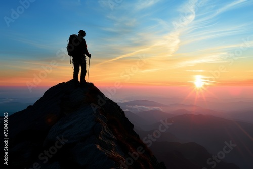 A climber silhouetted against the sunrise on a mountain peak