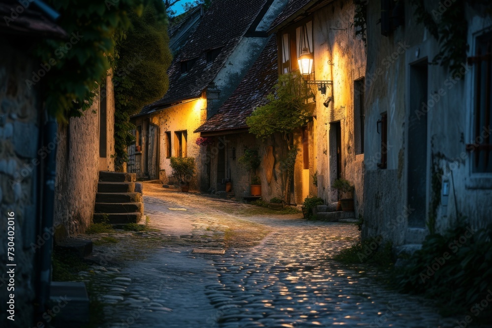 A cobblestone alley in an old European village at night