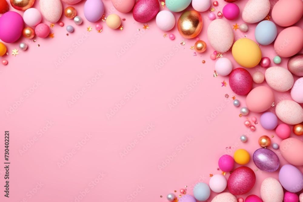 Pink background with colorful easter eggs round frame 