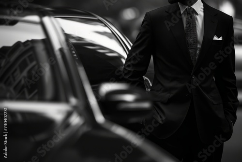 car hiring black coupe man in a suit and tie Generative AI photo