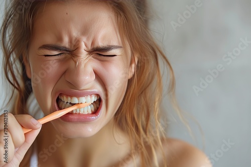 A Woman Is Brushing Her Teeth With A Toothbrush And Making A painfull Face