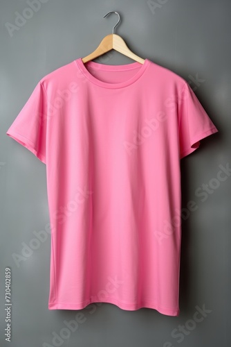 Pink t shirt is seen against a gray wall