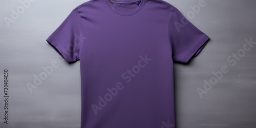 Purple t shirt is seen against a gray wall