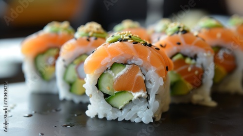 A sushi roll stuffed with salmon, avocado, and cucumber.