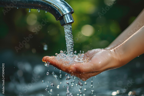 Close-up view of a hand catching water from a faucet source. Issues of drought and water scarcity